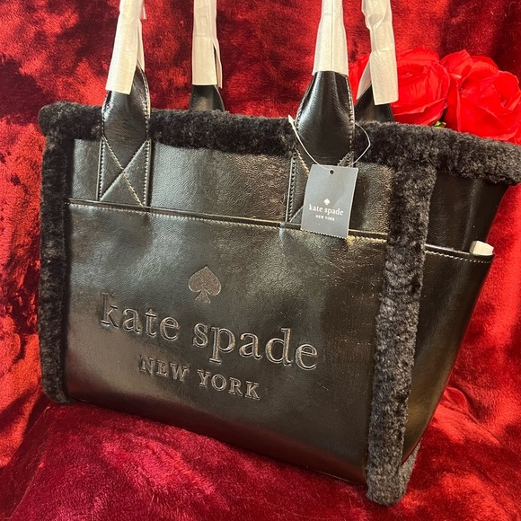 🖤♠️🖤NWT-Kate Spade Jett Shearling Trim Large BlackTote🖤♠️🖤 - Picture 6 of 15